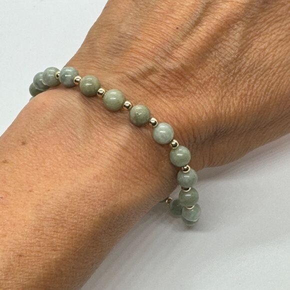 14K Yellow Gold Jade Bead Bracelet 8” Green Round New Ball - Picture 3 of 10